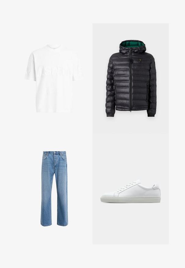Black puffer jacket with a quilted design, hood, and green interior. Features a central zipper and logo detailing on the upper front.; White cotton t-shirt with short sleeves and a crew neck. Features textured branding "A.SAINTS" and "LONDON" on the front in a subtle embossed style.; Light blue denim jeans with a straight-leg design, five pockets, button closure, minimal fading, and contrasting stitching details.; White sneaker with a smooth leather upper and a low profile. Features a rounded toe, six eyelets, and a textured rubber sole.