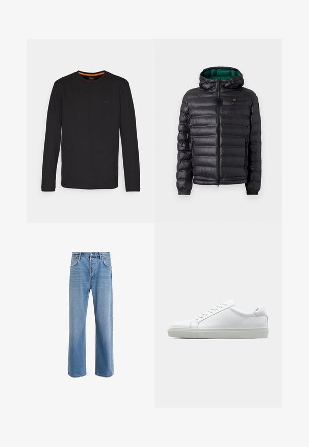 Črna podložena jakna s kapuco, z bleščečim zaključkom, zeleno podlogo, zadrgo in elastičnimi manšetami. Vključuje znamko logotipa na prsih.; Črni dolg rokav T-maica iz gladkega blaga, z okroglim izrezom in majhnim embosiranim logotipom na prsih ter oranžnim poudarkom znotraj ovratnika.; Svetlo modre denim kavbojke s ravno nogavico, petimi žepi, z gumbom za zapiranje, minimalnim zbledelostjo in kontrastnimi šivi.; Bela športna obutev z gladkim usnjenim zgornjim delom in nizkim profilom. Ima zaokrožen nos, šest lukenj za vezalke in teksturiran gumijast podplat.