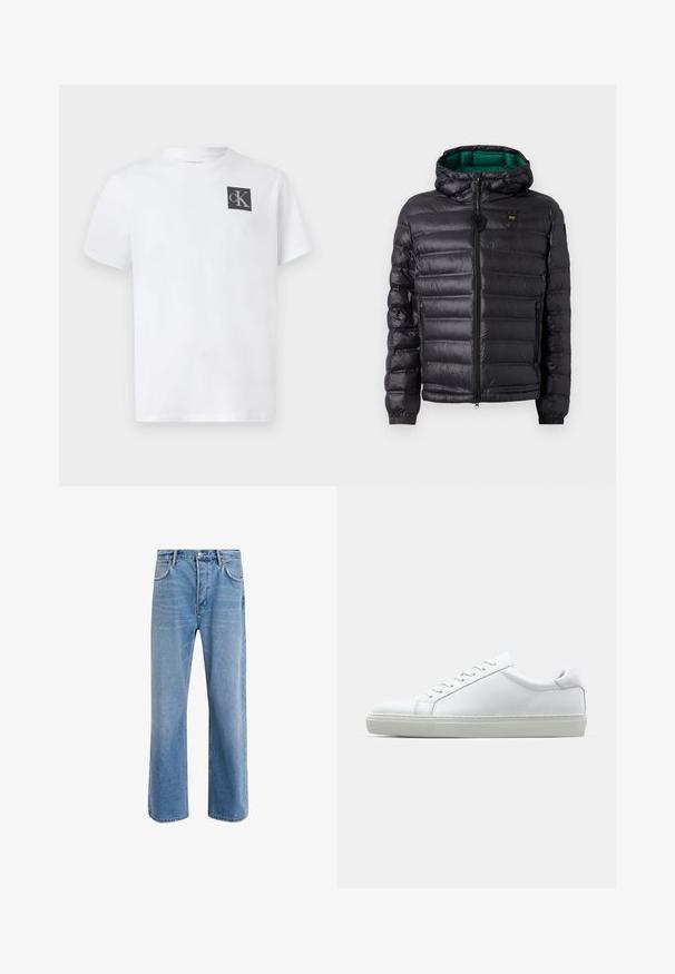 Mustast polsterdatud jope kapuutsiga, läikiva viimistlusega, rohelise voodriga, tõmblukuga ja elastsete mansettidega. Rinnal on brändi logo.; Valge puuvillane T-särk ümmarguse kaelusega, lühikeste varrukatega ja musta "cK" logoga vasakul rindkere piirkonnas. Klassikaline lõige ja sile tekstuur.; Heledad sinine teksapüksid otse lõikega, viie taskuga, nupuga sulgemine, minimaalne kulumine ja kontrastsed õmbluse detailid.; Valge tennisetoss, millel on sile nahk pealis ja madal profiil. Omab ümarat ninaosa, kuut silmust ja tekstuuriga kummist talda.