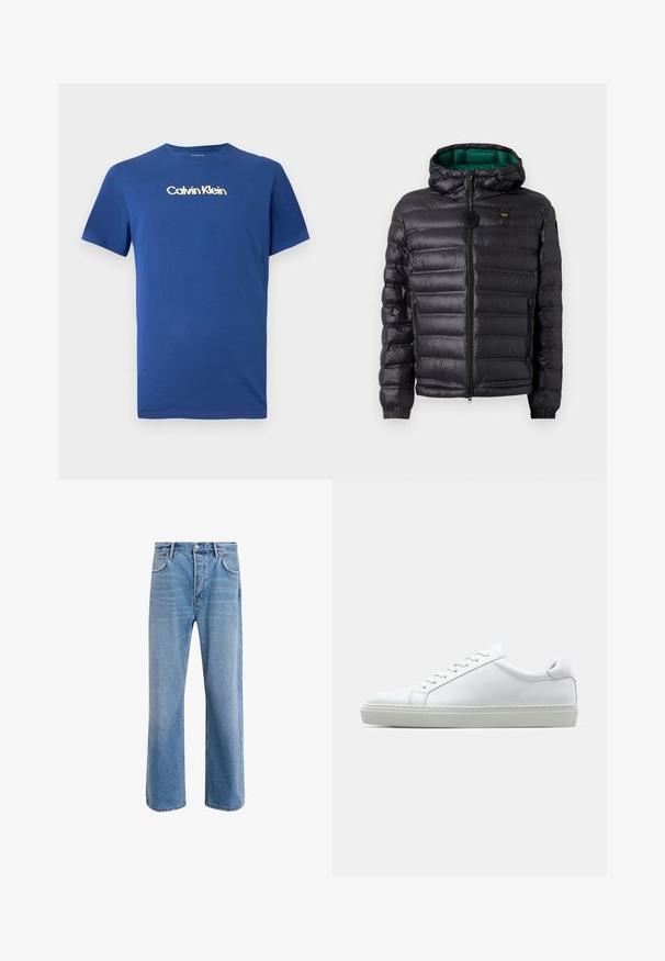Čierna prešívaná bunda s kapucňou, s lesklým povrchom, zeleným vnútrom, zapínaním na zips a elastickými manžetami. Obsahuje značkové logo na hrudi.; Modrá bavlnená tričko s okrúhlym výstrihom, krátkymi rukávmi a zlatým logom Calvin Klein na hrudi. Hladká textúra, neformálny dizajn.; Svetlo modré denimové džínsy so strihom rovného nohu, päť vreciek, zapínanie na gombík, minimálne vyblednutie a kontrastné švy.; Biele tenisky s hladkým koženým zvrškom a nízkym profilom. Majú zaoblenú špičku, šesť očiek a štruktúrovanú gumovú podrážku.