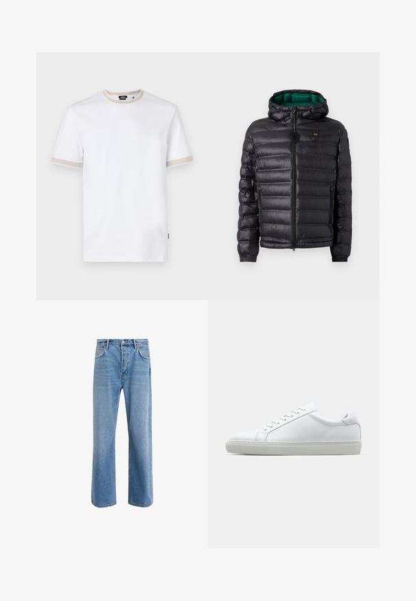 Black padded jacket with a hood, featuring a glossy finish, green lining, zip closure, and elastic cuffs. Includes branded logo on chest.; White cotton t-shirt with short sleeves, features beige accent stripes on the collar and sleeve hems, and a small brand logo on the chest.; Light blue denim jeans with a straight-leg design, five pockets, button closure, minimal fading, and contrasting stitching details.; White sneaker with a smooth leather upper and a low profile. Features a rounded toe, six eyelets, and a textured rubber sole.