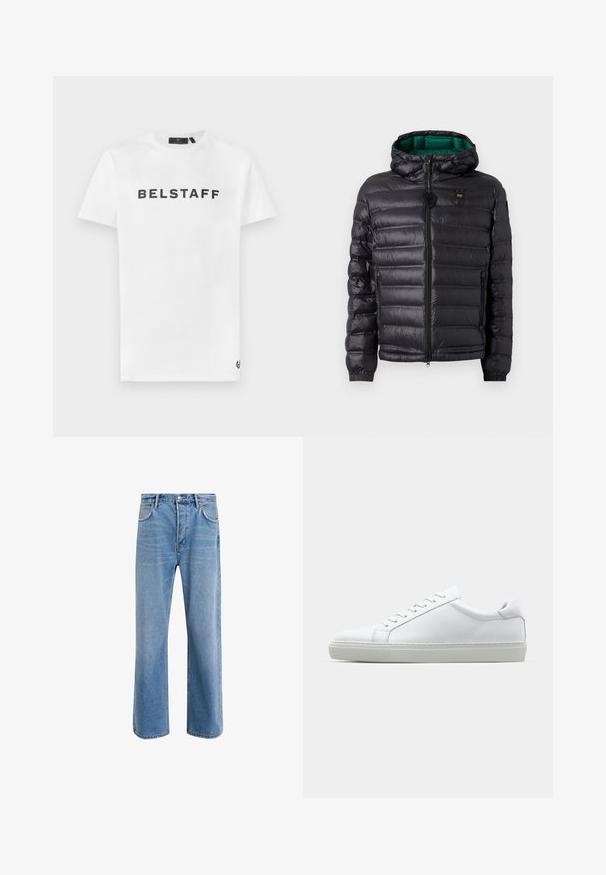 Black padded jacket with a hood, featuring a glossy finish, green lining, zip closure, and elastic cuffs. Includes branded logo on chest.; White cotton t-shirt featuring a black "BELSTAFF" logo on the front. Classic crew neck and short sleeves with a small logo detail on the hem.; Light blue denim jeans with a straight-leg design, five pockets, button closure, minimal fading, and contrasting stitching details.; White sneaker with a smooth leather upper and a low profile. Features a rounded toe, six eyelets, and a textured rubber sole.