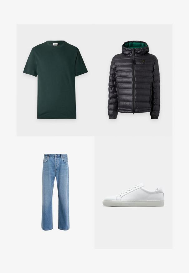 Črna puhasta jakna z nabranim dizajnom, kapuco in zelenim notranjim delom. Ima osrednji zadrgo in logotip na zgornji sprednji strani.; Temnozelena kratka majica s kratkimi rokavi, narejena iz gladkega bombaža, z okroglim izrezom in sproščenim krojem, brez vidnih vzorcev ali okraskov.; Svetlo modre denim kavbojke s ravno nogavico, petimi žepi, z gumbom za zapiranje, minimalnim zbledelostjo in kontrastnimi šivi.; Bela športna obutev z gladkim usnjenim zgornjim delom in nizkim profilom. Ima zaokrožen nos, šest lukenj za vezalke in teksturiran gumijast podplat.