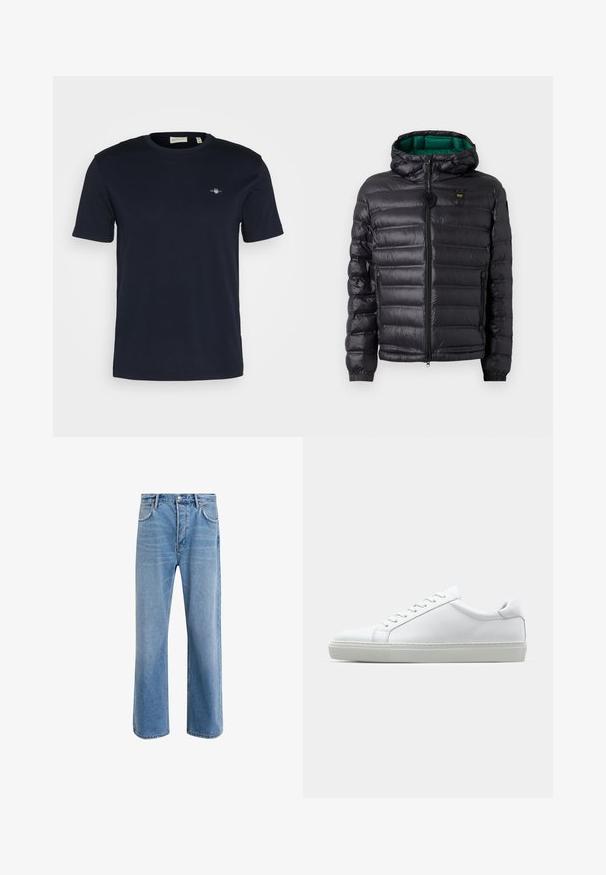 Giacca imbottita nera con cappuccio, finitura lucida, fodera verde, chiusura con zip e polsini elastici. Include logo marchiato sul petto.; T-shirt in cotone blu navy con collo rotondo, maniche corte e un piccolo logo ricamato sul lato sinistro del petto. Tessuto morbido, vestibilità standard.; Jeans in denim blu chiaro con design a gamba dritta, cinque tasche, chiusura con bottone, leggero sbiadimento e dettagli di cucitura a contrasto.; Sneaker bianco con tomaia in pelle liscia e profilo basso. Presenta una punta arrotondata, sei occhielli e una suola in gomma testurizzata.