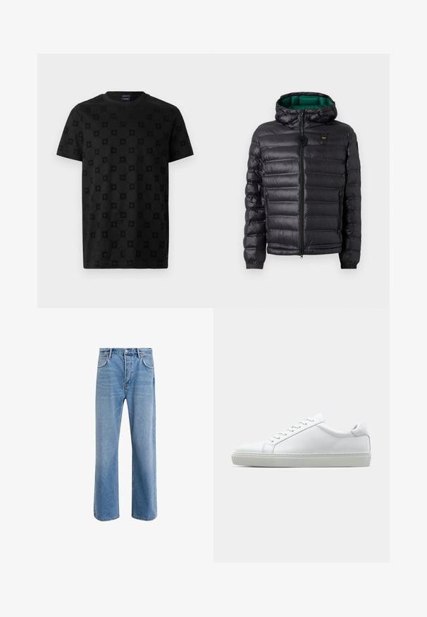 Černá prošívaná bunda s kapucí a zeleným interiérem. Obsahuje centrální zip a logo na horní přední části.; Černé tričko s texturovaným vzorem kruhů a květinových tvarů, krátkými rukávy a kulatým výstřihem. Vyrobeno z měkké bavlněné tkaniny.; Světle modré džínové kalhoty s rovnými nohavicemi, pěti kapsami, zapínáním na knoflík, minimálním vyblednutím a kontrastním prošitím.; Bílé tenisky s hladkým koženým svrškem a nízkým profilem. Mají zaoblenou špičku, šest nýtů a texturovanou gumovou podrážku.