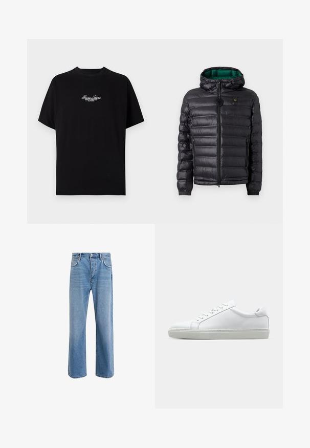 Melnā polsterētā jaka ar kapuci, ar spīdīgu virsmu, zaļu odere, rāvējslēdzēja aizdare un elastīgi aproces. Uz krūtīm ir zīmolots logo.; Melns īsām piedurknēm T-krekls no kokvilnas. Uz krūšu daļas ir balti izšūti vārdi "Guess Jeans American Tradition California".; Gai zilas džinsu bikses ar taisnām kājām, piecām kabatām, pogu aizvēršanu, minimālu izbalēšanu un kontrastējošiem šuvju elementiem.; Baltie sporta apavi ar gludu ādas virsu un zemu profilu. Iezīmējas ar noapaļotu purngalu, sešām acīm un teksturētu gumijas zoli.