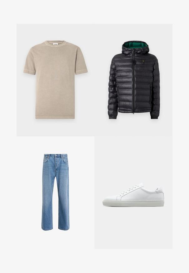 Zwarte gewatteerde jas met een capuchon, voorzien van een glanzende afwerking, groene voering, ritssluiting en elastische manchetten. Voorzien van een merklogo op de borst.; Beige katoenen T-shirt met korte mouwen en een ronde halslijn. Heeft zichtbare naden langs de mouwen en zoom. Eenvoudige, gladde textuur.; Lichtblauwe denim jeans met een straight-leg ontwerp, vijf zakken, knoopsluiting, minimale vervaging en contrasterende stikseldetails.; Witte sneaker met een gladlederen bovenwerk en een laag profiel. Voorzien van een ronde neus, zes vetergaatjes en een gestructureerde rubberen zool.