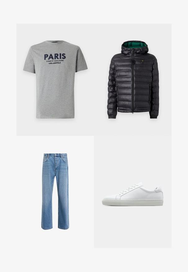 Musta toppatakki hupulla, jossa kiiltävä pinta, vihreä vuori, vetoketjusuljenta ja joustavat hihansuut. Rinnassa merkitty logo.; Harmaa puuvillainen t-paita lyhyillä hihoilla, jossa on edessä brodeerattu tummansininen teksti: "PARIS 21 RUE ST-GUILLAUME KARL LAGERFELD".; Vaaleansiniset farkut suoranlahkeisella muotoilulla, viisi taskua, nappisuljenta, vähäinen kuluminen ja kontrastiväriset ompeluyksityiskohdat.; Valkoinen tennari, jossa on sileä nahkapäällinen ja matala profiili. Ominaisuuksiin kuuluu pyöreä kärki, kuusi rei'itystä ja teksturoitu kumipohja.