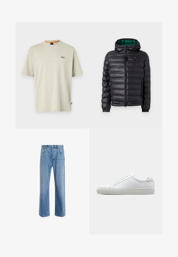 Crna podstavljena jakna s kapuljačom, sjajnog finiša, s zelenim podstavom, zatvaračem i elastičnim manšetama. Na prsima je logo robne marke.; Svjetlo sivi pamučni majica s okruglim izrezom, kratkim rukavima i malim plavim "BOSS" logotipom na lijevoj strani prsiju. Glatka tekstura.; Svijetloplave traperice s ravnim nogavicama, pet džepova, zatvaranjem na gumb, minimalnim izbljeđivanjem i kontrastnim šavovima.; Bijela tenisica s glatkim kožnim gornjim dijelom i niskim profilom. Ima zaobljen vrh, šest rupica za vezanje i teksturiranu gumenu podlogu.