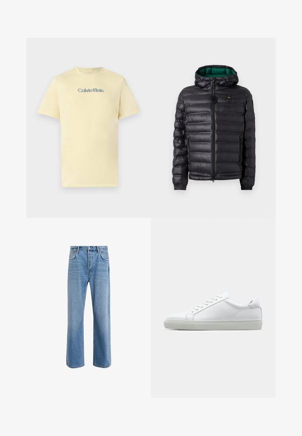 Mustast polsterdatud jope kapuutsiga, läikiva viimistlusega, rohelise voodriga, tõmblukuga ja elastsete mansettidega. Rinnal on brändi logo.; Heledad kollane puuvillane T-särk, millel on ümmargune kaelus, lühikesed varrukad ja diskreetne, mitmevärviline "Calvin Klein" logo rinnal.; Heledad sinine teksapüksid otse lõikega, viie taskuga, nupuga sulgemine, minimaalne kulumine ja kontrastsed õmbluse detailid.; Valge tennisetoss, millel on sile nahk pealis ja madal profiil. Omab ümarat ninaosa, kuut silmust ja tekstuuriga kummist talda.