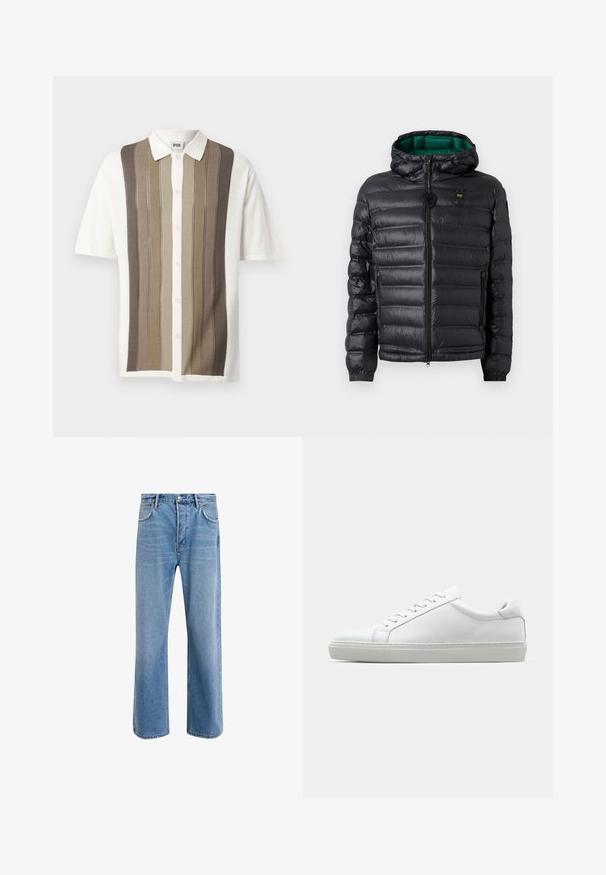 Schwarze Steppjacke mit einem gesteppten Design, Kapuze und grünem Innenfutter. Verfügt über einen zentralen Reißverschluss und Logodetails auf der oberen Vorderseite.; Kurzärmliges Hemd mit Kragen und vertikalen Streifen in Beige, Braun und Creme; Knopfverschluss; Strickstoff mit strukturiertem Muster.; Helle blaue Jeans im Geradeschnitt-Design, mit fünf Taschen, Knopfverschluss, minimaler Ausbleichung und kontrastierenden Nähdetails.; Weißer Sneaker mit glattem Lederobermaterial und niedrigem Profil. Verfügt über eine runde Zehenpartie, sechs Ösen und eine strukturierte Gummisohle.