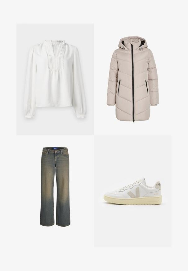 Hellbeige gepolsterter Mantel mit Kapuze, der ein Zickzack-Muster aufweist, einen schwarzen Reißverschluss hat und zwei Seitentaschen bietet. Der Stoff hat eine glatte Textur.; Weiße Langarmbluse mit einem Rüschenausschnitt, gefalteten Vorderteil und elastischen Bündchen. Weicher Stoff mit einer leicht strukturierten Oberfläche.; Breite blaue Denim-Jeans mit einem hellen zu dunklem Farbverlauf, Fünf-Taschen-Design und Knopfverschluss. Gestickte Details an den Kanten.; Weiße Ledersneaker mit beigen Wildlederakzenten, perforierte Zehenbox, flache Schnürsenkel und eine strukturierte cremefarbene Sohle. Mit dezentem Branding an der Ferse.