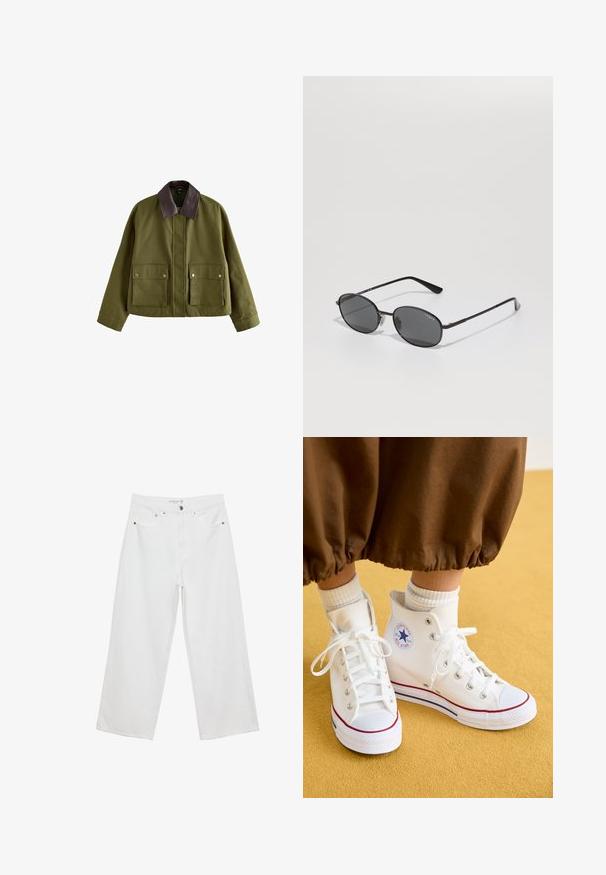 Olivovo zelená bunda s hnedým koženým golierom, obsahujúca dve predné vrecká, zipsové zapínanie a voľný strih. Hladká textúra.; Olivovo zelený pletený sveter s okrúhlym výstrihom, dlhými rukávmi a rebrovaným lemom. Vyznačuje sa skráteným strihom s jemným, textúrovaným povrchom.; Biele široké džínsy z denimu s vysokým pásom, vybavené piatimi vreckami a kovovými doplnkami. Hladká textúra, žiadne viditeľné vzory.; Biele vysoké plátené tenisky s gumovou podrážkou, so striebornými očkami, červeným a modrým lemovaním a kruhovým logom na členku.; Čierne oválne slnečné okuliare s tmavými sklami, tenkým kovovým rámom a rovnými nožičkami. Má logo značky na vnútornej strane ramena a nosové podložky.