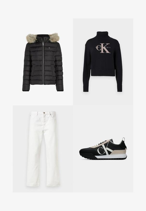 Veste matelassée noire avec un design à carreaux horizontaux, fermeture éclair, deux poches latérales et une capuche amovible doublée de fourrure. Texture douce.; Pull cropped bleu marine avec col roulé côtelé, orné d'un logo 'CK' brodé en rose clair et du texte 'calvin klein'. Texture en maille lisse.; Jeans en denim blanc avec une coupe droite, dotés d'une fermeture à bouton et d'un style à cinq poches. Texture lisse et détails minimaux.; Baskets noires avec un accent en daim beige, logo blanc, semelle en caoutchouc et lacets. Présente une tige durable et une languette au talon.