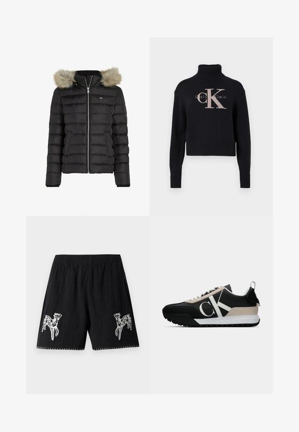 Svart puffjakke med horisontal quiltet design, glidelås, to sidelommer og avtagbar hette med pelsfôr. Myk tekstur.; Mørkeblå cropped genser med ribbestrikket høy hals, med en lys rosa brodert 'CK' logo og 'calvin klein' tekst. Glatt strikket tekstur.; Svarte shorts i teksturert stoff; har hvit brodert design på begge ben og kontrastsøm langs kanten. Elastisk midje.; Svart sneaker med en beige semsket aksent, hvit logo, gummisåle og snører. Har et slitesterkt overmateriale og en løfletapp på hælen.
