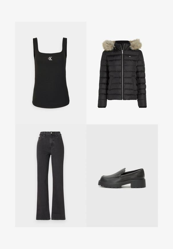 Čierna puffermikina s horizontálnym prešívaním, so zipsovým zapínaním, dvoma bočnými vreckami a odnímateľnou kapucňou s kožušinovým lemem. Mäkkučký povrch.; Čierny top bez rukávov so štvorcovým výstrihom, ryhovanou textúrou a malým bielym logom "cK" na hrudníku, so širokými ramienkami.; Čierne džíny s vysokým pásom a rozšírenými nohavicami vyrobené z denimu, s gombíkovým zapínaním, pútkami na opasok a bočnými vreckami. Hladká textúra s minimálnym ošúchaním.; Čierne kožené mokasíny s okrúhlou špičkou, hrubou textúrovanou podrážkou a minimom stehovej výzdoby. Štíhly dizajn bez viditeľných šnúr alebo kovania.