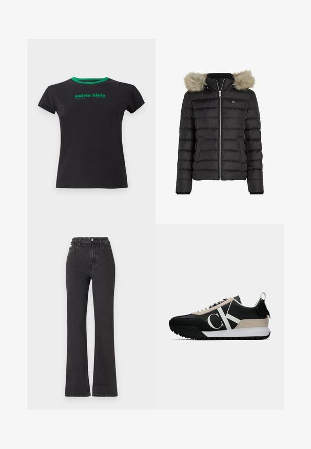 Casaco puffer preto com design acolchoado horizontal, fecho de zíper, dois bolsos laterais e capuz removível forrado a pelo. Textura suave.; T-shirt de algodão preto com mangas curtas e um decote redondo verde. Apresenta texto impresso em verde: "calvin klein, West 29th Street, New York City."; Jeans flared pretos de cintura alta feitos de denim, com fecho de botão, passadores para cinto e bolsos laterais. Textura suave com desbotamento mínimo.; Sapatilha preta com um detalhe em camurça bege, logo branco, sola de borracha e atacadores. Possui um cabedal durável e uma alça na parte de trás.