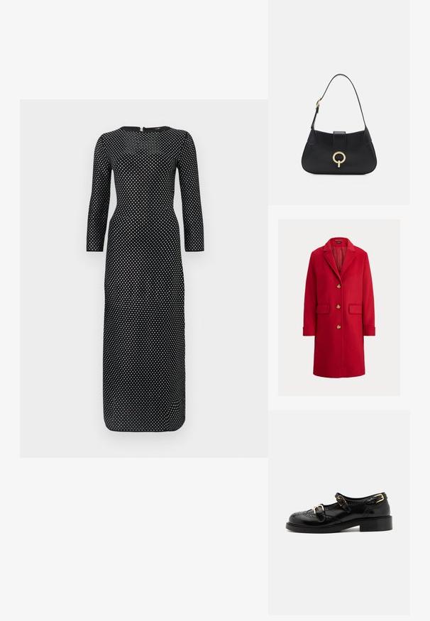 Punane villasegu mantel, millel on krae, ühe nööbiga disain, kolm suurt nuppu ja kaks esi-taskut. Sile tekstuur, põlvini ulatuv.; Must mustriga mustriga kleit ümmarguse kaelusega, millel on kogu pind kaetud valgete täppidega ja peidetud seljaga luku.; Mustal nahast kingad brogue-tekstiiliga, millel on kaks pandla rihma, ümar varvas ja madal konts. Sujuv tekstuur ja läikiv viimistlus.; Must musta nahkrahakott, millel on kaarjas siluett, lühike rihm, keskmise kullatooni metalldetail ja sile tekstuur. Pole nähtavaid mustreid ega lisandeid.