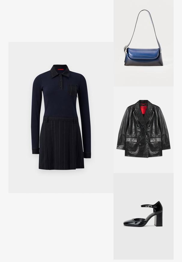 Fekete műbőr, dupla gombos blézer csúcsos hajtókákkal, két elülső zsebbel és sima, fényes textúrával. Piros bélés látható belül.; Tengerészeti pólókős ruha hosszú ujjakkal, bordázott textúrával, gombos záródással és mellzsebbel; szoknya függőleges csíkokkal és redőkkel rendelkezik.; Fekete patent bőr, magas sarkú cipők négyzetes orral, bokapánttal és vastag sarkal. A szélén lyukacsos díszítéssel.; Sötétkék bőr kézitáska sima felülettel, lekerekített formával, hajtott tetejével és egyetlen vállpánttal. Ezüst színű kiegészítőkkel.