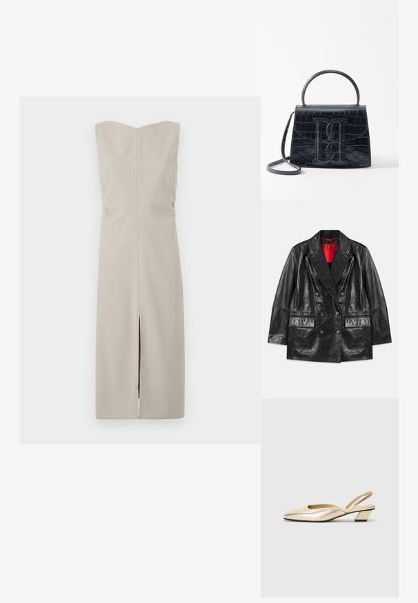 Czarna kurtka z sztucznej skóry, dwurzędowa, z wywijanymi klapami, dwiema przednimi kieszeniami i gładką, błyszczącą fakturą. Czerwone podszewki widoczne wewnątrz.; Tiger of Sweden ANITTA szary; Metaliczne złote sandały na obcasie w fasonie slingback z odstającym czubkiem, niskim słupkowym obcasem i gładką fakturą. Minimalistyczny design z wycięciem po boku.; Czarna torebka z tłoczonej skóry krokodyla o zorganizowanej konstrukcji, z górnym uchwytem, regulowanym paskiem i wyraźnym detalem z logo z przodu.
