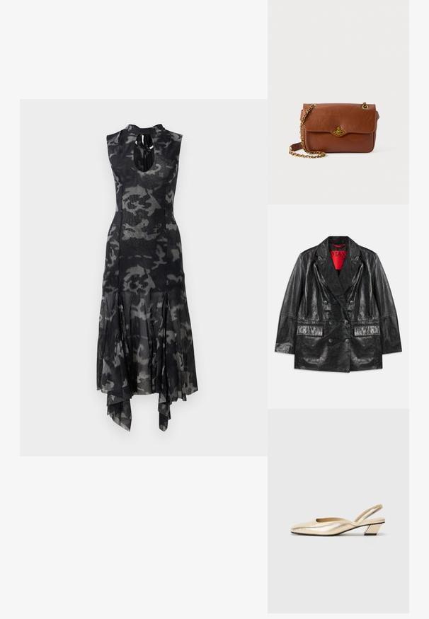 Juodas dirbtinės odos dvigubos eilės švarkas su iškiliais atlapais, dviem priekinėm kišenėm ir lygiu, blizgančiu paviršiumi. Matoma raudona pamušalo spalva viduje.; Juodai ir pilkai kamufliažinė be rankovių midi suknelė su aukštu apykakle, raktų skylutės dekoracija priekyje, priglundančia juosmens linija ir asimetriškai platėjančiu apvadu.; Metalizuoti auksiniai slingback aukštakulniai su smailiu pirštu, maža blokine pakulne ir lygiu paviršiumi. Minimalistinis dizainas su išpjova šone.; Ruda odinė per petį nešama kuprinė su užsegimu ant sklendės, auksinės spalvos aksesuarais ir grandinėlės dirželiu. Lygus paviršius, stačiakampio forma, minimalus apipavidalinimas.