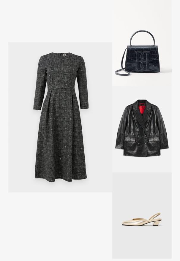 Melnā mākslīgās ādas divrindas žakete ar izceltām atloks, divām priekšējām kabatām un gludu, spīdīgu tekstūru. Sarkans oderējums redzams iekšā.; Melnbalts rakstainais kleitas modelis ar garajām piedurknēm, augstu apkakli un priekšējo iedobi. Izgatavota no teksturēta auduma ar pieguļošu augšdaļu un izplūdušu svārku.; Metāliskas zelta slingback zābaki ar norādītu purngalu, zemu blokveida papēdi un gludu tekstūru. Minimālistisks dizains ar izgriezuma sānu detaļu.; Melnas krokodila rakstā izgatavota ādas rokassoma ar strukturētu dizainu, augšējo rokturi, regulējamu siksnu un izteiktu priekšējo logotipa detaļu.