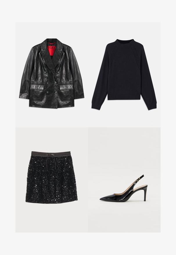 Crna umetna kožna blazer jakna s dvostrukim kopčanjem i oštrim reverima, dva prednja džepa i glatka, sjajna tekstura. Crvena podstava vidljiva iznutra.; Tamno plavi pulover s okruglim izrezom, dugim raglan rukavima, rebrastim manžetama i ravnim donjim rubom. Izrađen od mekog, teksturiranog pletenog materijala.; Crna suknja od šljokica s elastičnim pojasom i vezicom, koja se odlikuje glatkom teksturom i sjajnom površinom koja reflektira svjetlost.; Crne lakirane slingback cipele s oštrim vrhom, uskim potpeticama i suptilnim izrezom. Sadrže zlatnu kopču na traku.