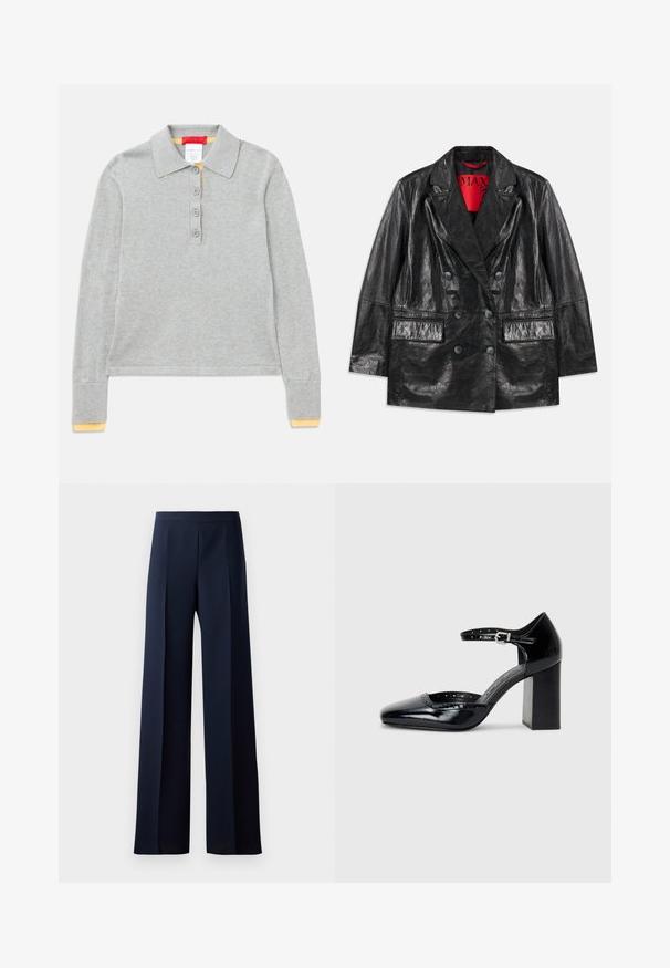 Blazer duplo em couro sintético preto com lapelas pontiagudas, dois bolsos frontais e uma textura lisa e brilhante. Forro vermelho visível no interior.; Camisa polo de manga longa cinza com colarinho, apresentando quatro botões frontais e punhos canelados com um toque amarelo nas extremidades.; Calças largas em tecido azul marinho escuro, com uma textura suave, pregas frontais subtis e um cós ajustado para uma silhueta elegante.; Sapatos de salto alto em pele envernizada preta, com bico quadrado, tira no tornozelo e salto robusto. Inclui detalhes perfurados ao longo da borda.