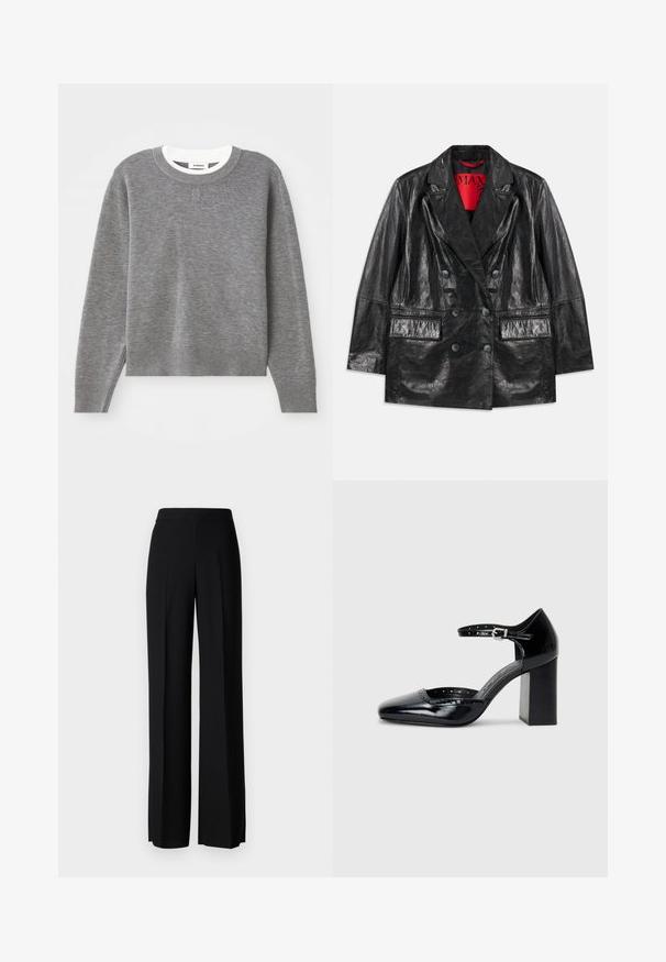 Schwarze Kunstleder-Doppelreiher-Blazer mit spitzen Revers, zwei Fronttaschen und einer glatten, glänzenden Textur. Rote Fütterung sichtbar im Inneren.; Grauer Pullover mit langen Ärmeln, Rundhalsausschnitt und gerippten Bündchen und Saum. Verfügt über ein strukturiertes Strickdesign und ein kleines Logo auf der Brust.; Schwarze weite Hosen mit einer glatten Textur, ausgestattet mit einem hohen Bund und mittleren Falten. Keine sichtbaren Muster oder Hardware-Details.; Schwarze patentierte Leder-High Heels mit quadratischer Zehenform, Knöchelriemchen und dicker Absatz. Enthält durchbrochene Details entlang des Randes.
