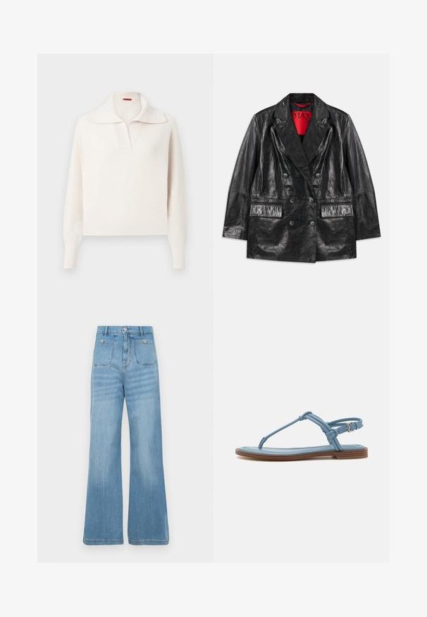 Czarna kurtka z sztucznej skóry, dwurzędowa, z wywijanymi klapami, dwiema przednimi kieszeniami i gładką, błyszczącą fakturą. Czerwone podszewki widoczne wewnątrz.; Sweter w kolorze kremowym, wykonany na drutach, z szerokim kołnierzem, pół-zapięciem i ściągaczami na rękawach. Tkanina ma teksturowany, miękki wygląd.; Jasno-niebieskie dżinsy o szerokim kroju, z dwoma przednimi i dwoma tylnymi kieszeniami, zakończone surowym wykończeniem dołu i zapięciem na guzik.; Niebieskie skórzane sandały na płaskiej podeszwie, z cienkim paskiem i zapięciem na klamrę przy kostce, zapewniającym bezpieczne dopasowanie.