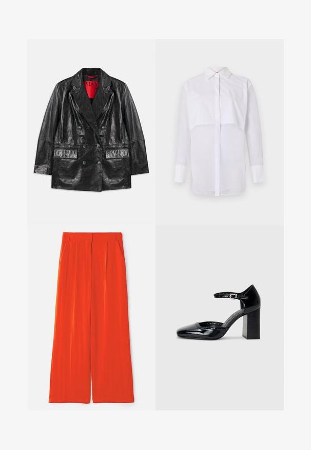 Melnā mākslīgās ādas divrindas žakete ar izceltām atloks, divām priekšējām kabatām un gludu, spīdīgu tekstūru. Sarkans oderējums redzams iekšā.; Balta garām piedurknēm blūze, kas izgatavota no viegla auduma, ar klasisku apkakli, priekšējo pogu aizdari un slāņveida dizainu ar caurspīdīgu apakšējo daļu.; Platas kājas bikses spilgti sarkanā audumā ar gludu tekstūru, divām sānu kabatām un pieguļošu jostu ar kroku detaļām.; Melna lakota ādas augstpapēžu kurpes ar kvadrātu purngalu, potītes siksniņu un masīlu papēdi. Iekļauj perforētu apdari gar malu.