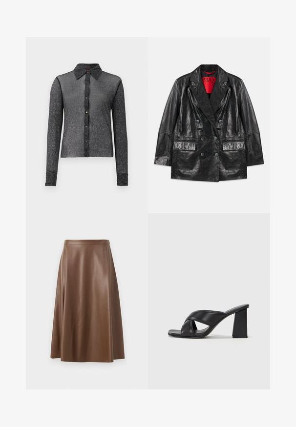 Čierny umelý kožený dvojradový blejzer s špičatými klopami, dvoma prednými vreckami a hladkým, lesklým povrchom. Červená podšívka viditeľná vo vnútri.; Čierna košeľa s dlhým rukávom vyrobená z textúrovej, priesvitnej látky s gombíkovým zapínaním a klasickým golierom. Má jemný lesk a priliehavý strih.; Hnedá kožená sukňa v A strihu s hladkou textúrou a stredne dlhým lemom. Má priliehavý pás a jemné rozšírenie od bedier.; MAX&Co. SOHO - Sandále na vysokom opätku - schwarz