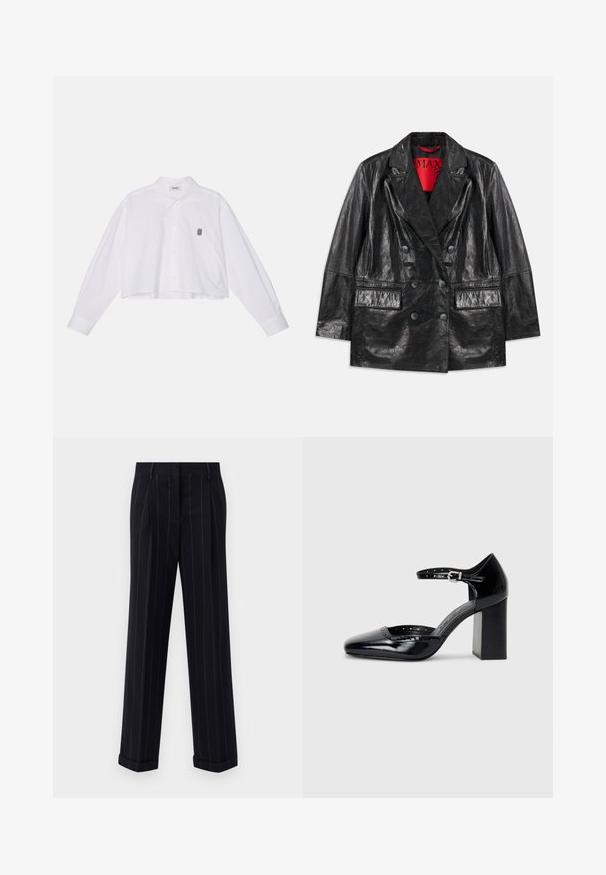 Zwarte faux leren doublé blazer met gelapte revers, twee voorzakken en een gladde, glanzende textuur. Rode voering zichtbaar aan de binnenkant.; Witte, cropped blouse met lange mouwen, voorzien van een klassieke kraag en een klein zwart geborduurd logo op de linkerborst.; Zwarte broek met streepjes in een getailleerde pasvorm, voorzien van een omgeslagen zoom en voorplooien. Gemaakt van een gladde stof met een gestructureerd ontwerp.; Zwarte lakleren hoge hakken met een vierkante neus, enkelbandje en een chunky hak. Inclusief geperforeerde details langs de rand.