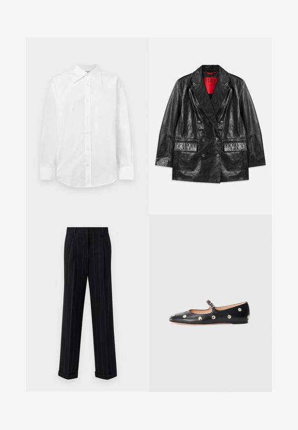 Black faux leather double-breasted blazer with peaked lapels, two front pockets, and a smooth, glossy texture. Red lining visible inside.; White fitted shirt with long sleeves, a classic pointed collar, and button front closure. Made of smooth, lightweight fabric.; Black pinstriped trousers with a tailored fit, featuring a cuffed hem and front pleats. Made of smooth fabric with a structured design.; Black leather Mary Jane flat shoe with a rounded toe, featuring silver circular studs and an adjustable strap with a buckle.