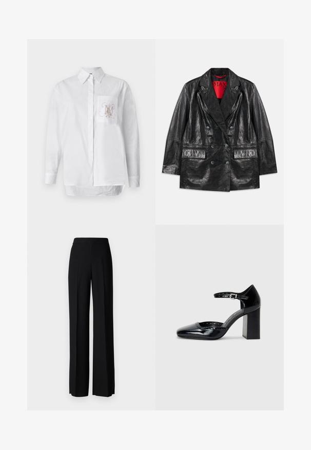 Black faux leather double-breasted blazer with peaked lapels, two front pockets, and a smooth, glossy texture. Red lining visible inside.; White button-up shirt made of cotton, featuring a left chest pocket with an embroidered monogram in light brown. Long sleeves and straight hem.; Black wide-leg trousers with a smooth texture, featuring a high waistband and center pleats. No visible patterns or hardware details.; Black patent leather high-heeled shoes with a square toe, ankle strap, and a chunky heel. Includes perforated detailing along the rim.