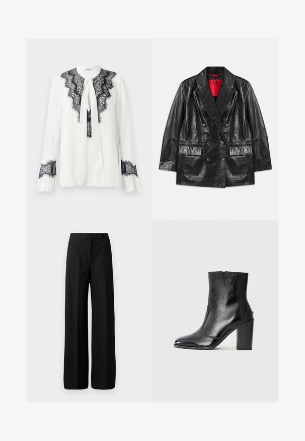 Černý kabát z umělé kůže, dvouřadý, s špičatými klopami, dvěma předními kapsami a hladkou, lesklou texturou. Červená podšívka viditelná uvnitř.; Bílá blůza s černými krajkovými detaily kolem límce a rukávů, se zavazováním u výstřihu a nařasenými manžetami.; Široké černé kalhoty s hladkou, matnou texturou. Plochý pas bez viditelného kování nebo vzorů. Jednoduchý a elegantní design.; Černé kožené kotníkové boty s hladkou texturou, špičatou špičkou a robustním vysokým podpatkem. Mají boční otvor a minimalistický design.