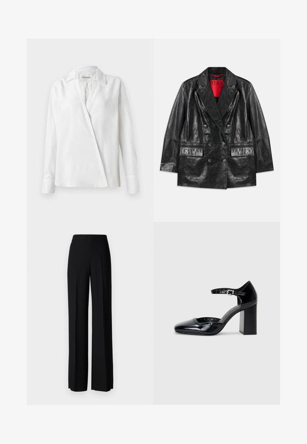 Črn umetni usnjeni blazer dvojnim zapenjanjem s šiljastimi reversi, dvema sprednjima žepoma in gladko, sijočo teksturo. Rdeča podloga vidna znotraj.; Bela srajca z dolgimi rokavi, izdelana iz gladkega blaga, z ovratnikom in diagonalnim zapiranjem spredaj, ki ima nekoliko ohlapen kroj.; Črne široke hlače z gladko teksturo, z visokim pasom in središnjimi pregibi. Brez vidnih vzorcev ali kovinskih detajlov.; Črne lakirane usnjene čevlje s peto, kvadratnim izrezom, trakovi okrog gležnja in masivno peto. Vsebujejo perforirane detajle ob robu.