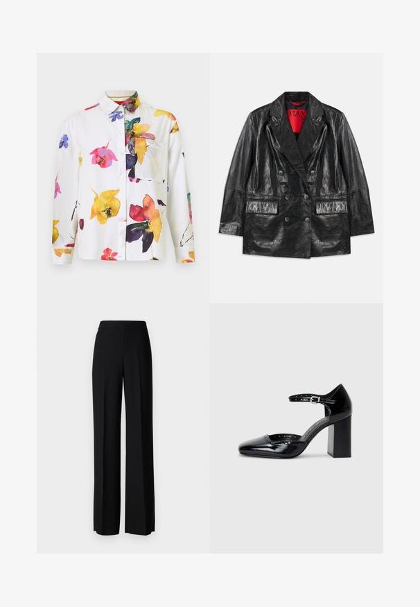 Čierny umelý kožený dvojradový blejzer s špičatými klopami, dvoma prednými vreckami a hladkým, lesklým povrchom. Červená podšívka viditeľná vo vnútri.; Biela košeľa na gombíky so farebnou kvetinovou potlačou v ružovej, žltej a modrej farbe. Obsahuje náprsné vrecko a dlhé rukávy.; Čierne široké nohavice s hladkým povrchom, s vysokým pásom a stredovými skladmi. Žiadne viditeľné vzory ani hardvérové detaily.; Čierne lakované dámske topánky na vysokom opätku so štvorcovou špičkou, remienkom okolo členku a masívnym opätkom. Obsahuje perforované detaily pozdĺž lemu.