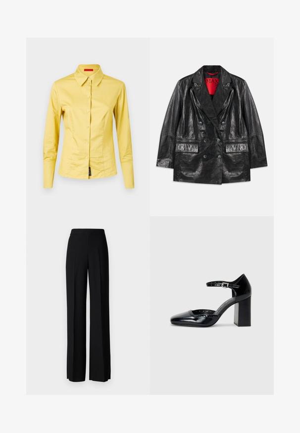 Schwarze Kunstleder-Doppelreiher-Blazer mit spitzen Revers, zwei Fronttaschen und einer glatten, glänzenden Textur. Rote Fütterung sichtbar im Inneren.; Langärmliges, gelbes Hemd mit Knopfleiste und spitzem Kragen, aus glattem Stoff und mit einem schwarzen Etikett am unteren linken Rand.; Schwarze weite Hosen mit einer glatten Textur, ausgestattet mit einem hohen Bund und mittleren Falten. Keine sichtbaren Muster oder Hardware-Details.; Schwarze patentierte Leder-High Heels mit quadratischer Zehenform, Knöchelriemchen und dicker Absatz. Enthält durchbrochene Details entlang des Randes.