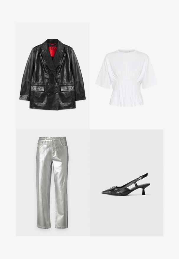 Blazer doppiopetto in ecopelle nera con revers a punta, due tasche frontali e una texture liscia e lucida. Fodera rossa visibile all'interno.; Top bianco a maniche corte realizzato in tessuto morbido, con scollo rotondo e dettagli arricciati in vita per un look aderente.; Jeans metallici argento con gamba dritta, design a cinque tasche, chiusura con zip e bottone. Texture liscia con una finitura lucida.; Scarpa slingback nera in pelle con punta affusolata, cinturini decorativi con occhielli metallici e tacco basso a blocco. Superficie testurizzata.