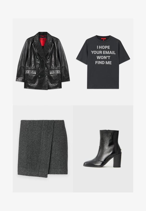 Juodas dirbtinės odos dvigubos eilės švarkas su iškiliais atlapais, dviem priekinėm kišenėm ir lygiu, blizgančiu paviršiumi. Matoma raudona pamušalo spalva viduje.; Pilkas medvilnės marškinėliai su apvalia iškirpte ir trumpomis rankovėmis. Savybė: ryškus baltas užrašas: „TIKIUOSI, KAD TAVO EL. PAŠTAS MANE NERAS."; Pilkas herringbone rašto sijonas su apvijaus dizainu, pasižymintis tekstūruota medžiaga ir tvarkinga tiesia apvadu.; Juodas odinis kulkšninis batas su lygiu paviršiumi, smailiu pirštu ir masyviu aukštu kulnu. Savybė - šoninis atidarymas ir minimalistiškas dizainas.