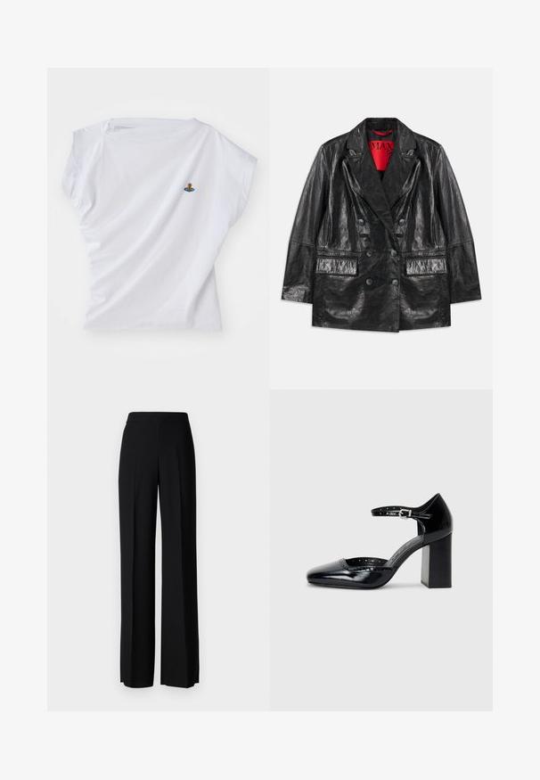 Čierny umelý kožený dvojradový blejzer s špičatými klopami, dvoma prednými vreckami a hladkým, lesklým povrchom. Červená podšívka viditeľná vo vnútri.; Biele tričko s krátkym rukávom vyrobené z bavlny, s malým vyšitým dizajnom medvedíka na modrom vesmírnom plavidle na hrudi.; Čierne široké nohavice s hladkým povrchom, s vysokým pásom a stredovými skladmi. Žiadne viditeľné vzory ani hardvérové detaily.; Čierne lakované dámske topánky na vysokom opätku so štvorcovou špičkou, remienkom okolo členku a masívnym opätkom. Obsahuje perforované detaily pozdĺž lemu.