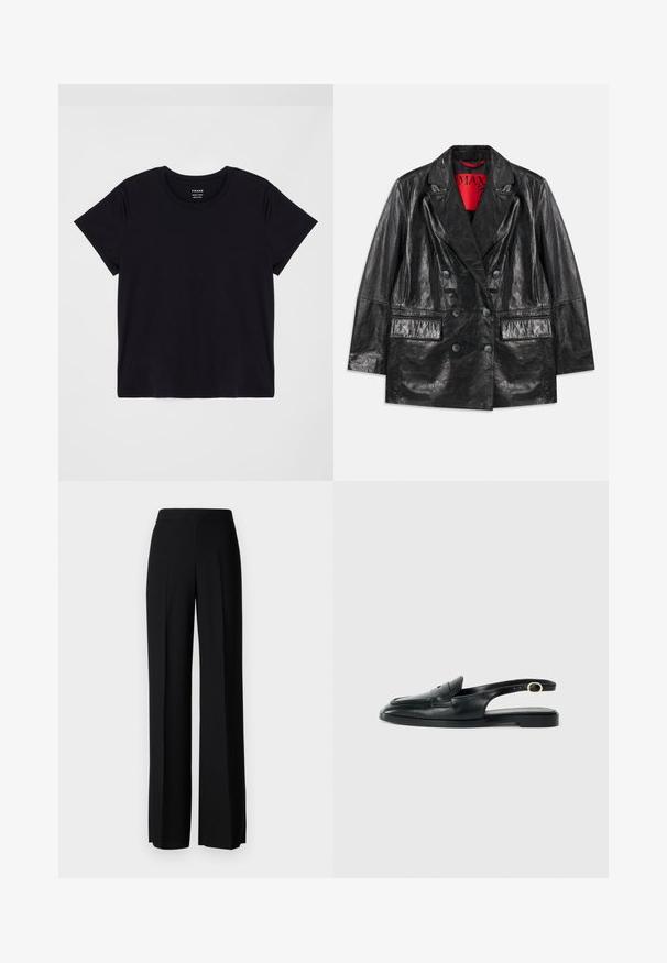 Black faux leather double-breasted blazer with peaked lapels, two front pockets, and a smooth, glossy texture. Red lining visible inside.; Black short-sleeve t-shirt made of soft cotton. Classic round neck design with a simple, unembellished surface and a relaxed fit.; Black wide-leg trousers with a smooth texture, featuring a high waistband and center pleats. No visible patterns or hardware details.; Black leather slingback shoe with a rounded toe, flat sole, side cutout, and strap featuring a gold-tone hardware detail.