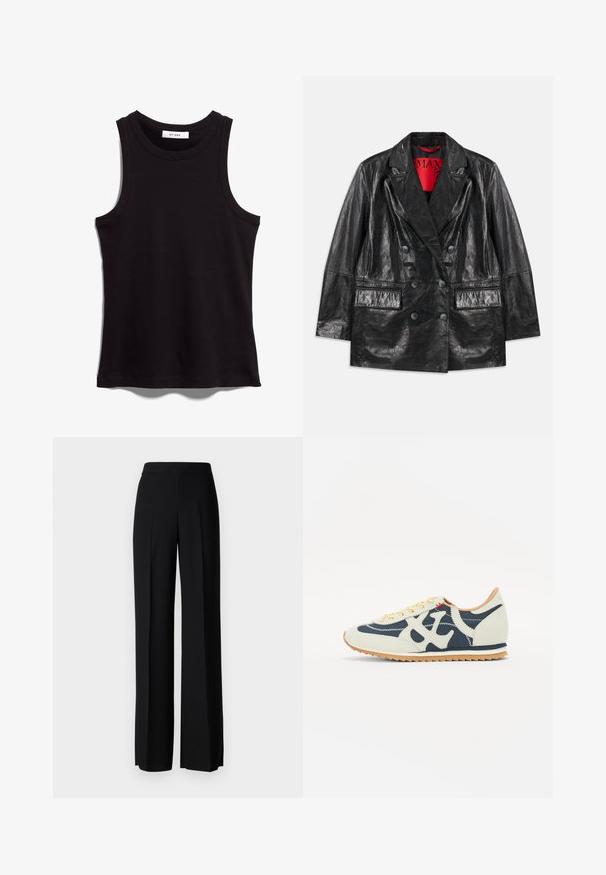 Zwarte faux leren doublé blazer met gelapte revers, twee voorzakken en een gladde, glanzende textuur. Rode voering zichtbaar aan de binnenkant.; Zwarte tanktop van ribbelstof. Heeft een ronde halslijn en brede armsgaten. Rechte zoom met gestikte details. Eenvoudig ontwerp.; Zwarte wijde broek met een gladde textuur, voorzien van een hoge tailleband en middelste plooien. Geen zichtbare patronen of hardware-details.; Sneaker met een mix van crème, marineblauw en suède materialen, vetersluiting, diagonale stiksels en een rubberen zool met grip.