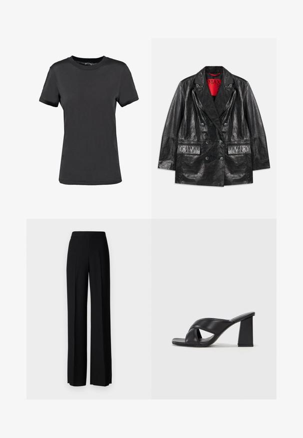 Čierny umelý kožený dvojradový blejzer s špičatými klopami, dvoma prednými vreckami a hladkým, lesklým povrchom. Červená podšívka viditeľná vo vnútri.; Čierne tričko s krátkym rukávom vyrobené z hladkej tkaniny. Má okrúhly výstrih bez viditeľných vzorov alebo akcentov, poskytujúce jednoduchý dizajn.; Čierne široké nohavice s hladkým povrchom, s vysokým pásom a stredovými skladmi. Žiadne viditeľné vzory ani hardvérové detaily.; MAX&Co. SOHO - Sandále na vysokom opätku - schwarz