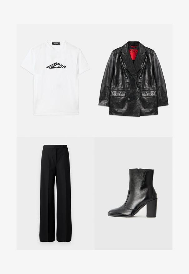 Črn umetni usnjeni blazer dvojnim zapenjanjem s šiljastimi reversi, dvema sprednjima žepoma in gladko, sijočo teksturo. Rdeča podloga vidna znotraj.; Bela bombažna majica s črnim logom natisnjenim spredaj. Klasičen kroj s krožnim izrezom in kratkimi rokavi ter sproščenim fitom.; Široke črne hlače z gladko, mat teksturo. Ravno pasu brez vidnih kovinskih delov ali vzorcev. Preprost in eleganten dizajn.; Črne usnjene gležnarske čevlje z gladko teksturo, koničastim nosom in debelim visokim petam. Imajo stransko odprtino in minimalističen dizajn.