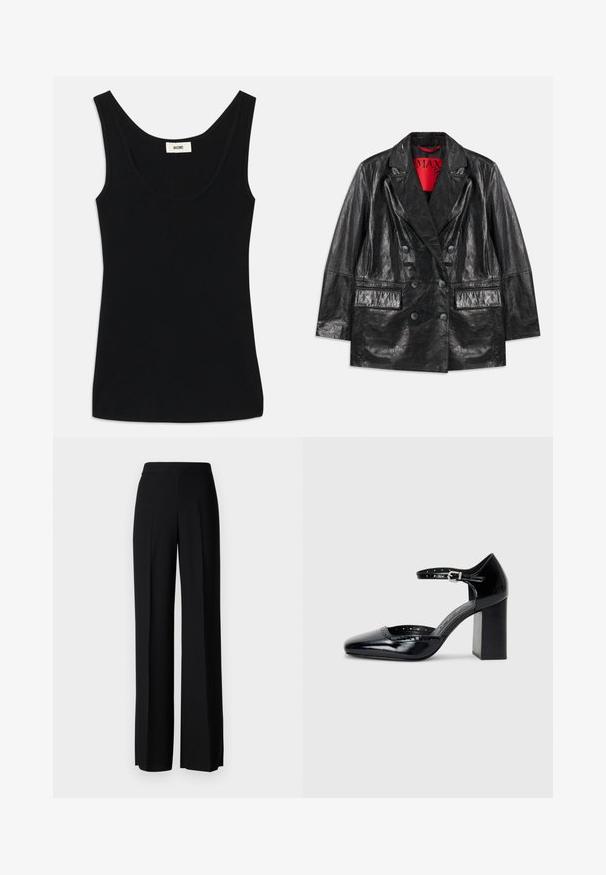 Black faux leather double-breasted blazer with peaked lapels, two front pockets, and a smooth, glossy texture. Red lining visible inside.; Black tank top made of soft fabric with a scoop neckline and wide shoulder straps. Features a fitted shape and clean, seamless design.; Black wide-leg trousers with a smooth texture, featuring a high waistband and center pleats. No visible patterns or hardware details.; Black patent leather high-heeled shoes with a square toe, ankle strap, and a chunky heel. Includes perforated detailing along the rim.