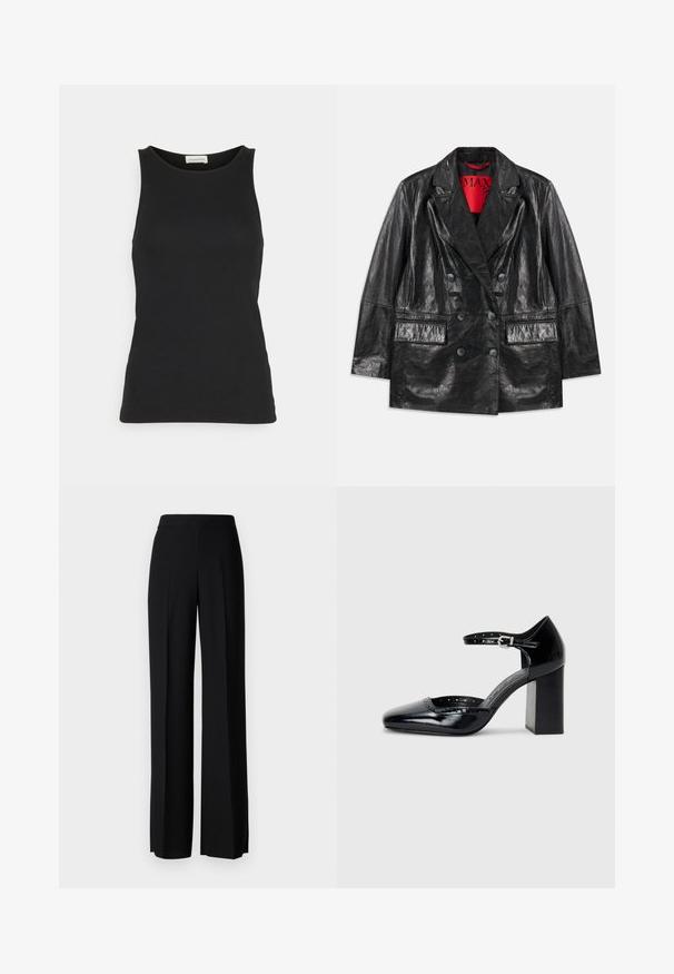 Black faux leather double-breasted blazer with peaked lapels, two front pockets, and a smooth, glossy texture. Red lining visible inside.; Black sleeveless top made from a smooth, lightweight fabric. Features a rounded neckline and fitted silhouette with minimal stitching details.; Black wide-leg trousers with a smooth texture, featuring a high waistband and center pleats. No visible patterns or hardware details.; Black patent leather high-heeled shoes with a square toe, ankle strap, and a chunky heel. Includes perforated detailing along the rim.