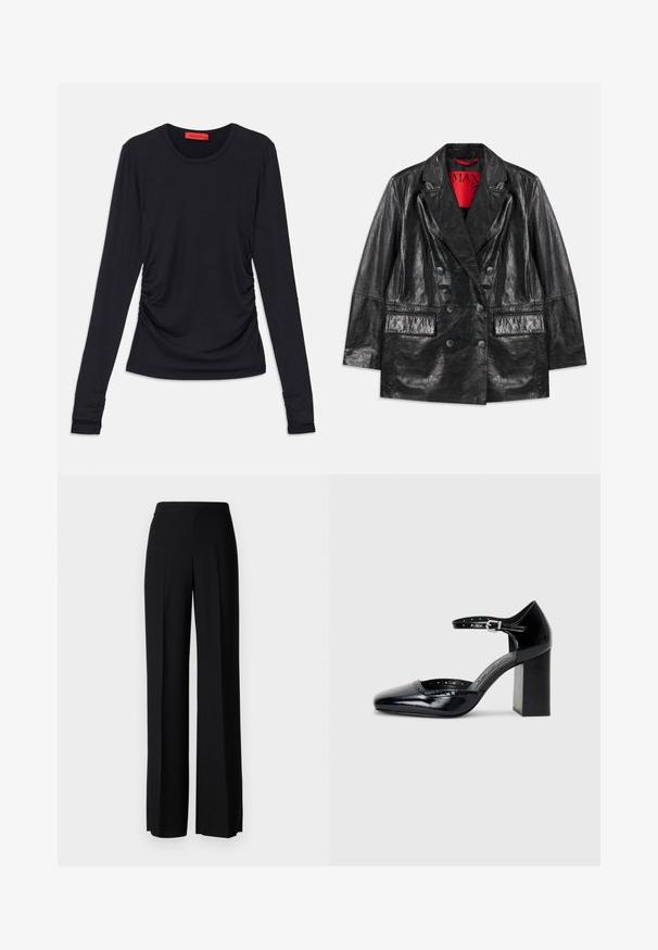 Černý kabát z umělé kůže, dvouřadý, s špičatými klopami, dvěma předními kapsami a hladkou, lesklou texturou. Červená podšívka viditelná uvnitř.; Černý top s dlouhým rukávem a kulatým výstřihem, který je zdobený na boku nařasením a má těsné manžety. Vyrobeno z hladké, jemné tkaniny.; Černé kalhoty s širokým střihem a hladkým povrchem, s vysokým pasem a středovými skladbami. Žádné viditelné vzory ani kovové detaily.; Černé lakované kožené vysoké podpatky se čtveratou špičkou, řemínkem kolem kotníku a masivním podpatkem. Obsahuje perforované detaily na okraji.