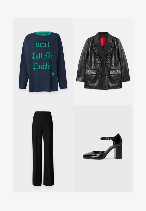 Must musta nahkaga kahekordne jope, millel on teravad kraed, kaks esist pocketit ja sile, läikiv tekstuur. Siseruumis on nähtav punane vooder.; Tumesinine pikkade varrukatega t-särk, mis on valmistatud puuvillast, rõhutades roheline dekoratiivne tekst "Ära kutsu mind Puddin'iks" ja roheline südamekujuline aktsent.; Mustad laiad püksid mustas värvitoonis, sujuva tekstuuri ja kõrge vöökoha ning keskmiste voldikutega. Ilma nähtavate mustrite või tarvikute detailideta.; Mustad lakknahk kingad kõrge kontsaga, ruudukujulise varbaga, pahkluu rihmaga ja paksu kontsaga. Sisaldab perforatsioonidega detaile ääres.